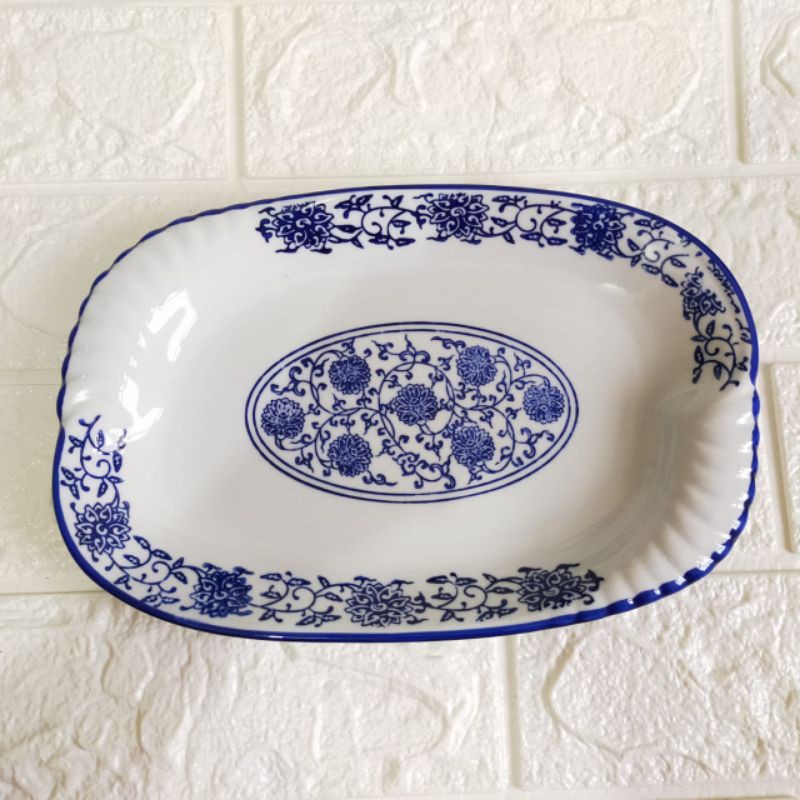 Piring keramik persegi/ Piring persegi panjang import/ Tempat makan keramik/ keramik putih biru