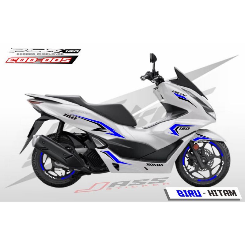cutting sticker honda new pcx 160 body putih sticker hitam biru excellence