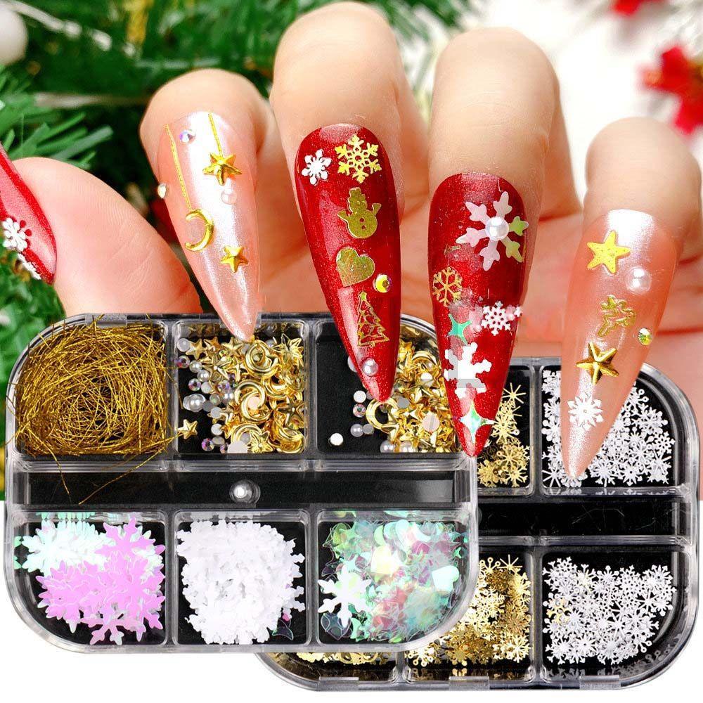 Mxbeauty 6 Grid / Kotak Aksesoris Kuku Motif Snowflake / Snowman / Pohon Natal Untuk Manicure Wanita