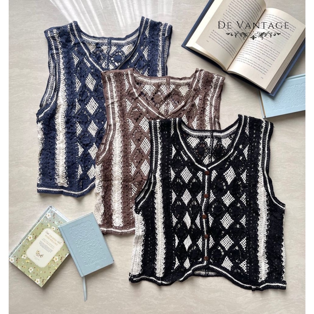 Vest Rajut / Rompi Lace Motif Kotak / Korean Knit Vest