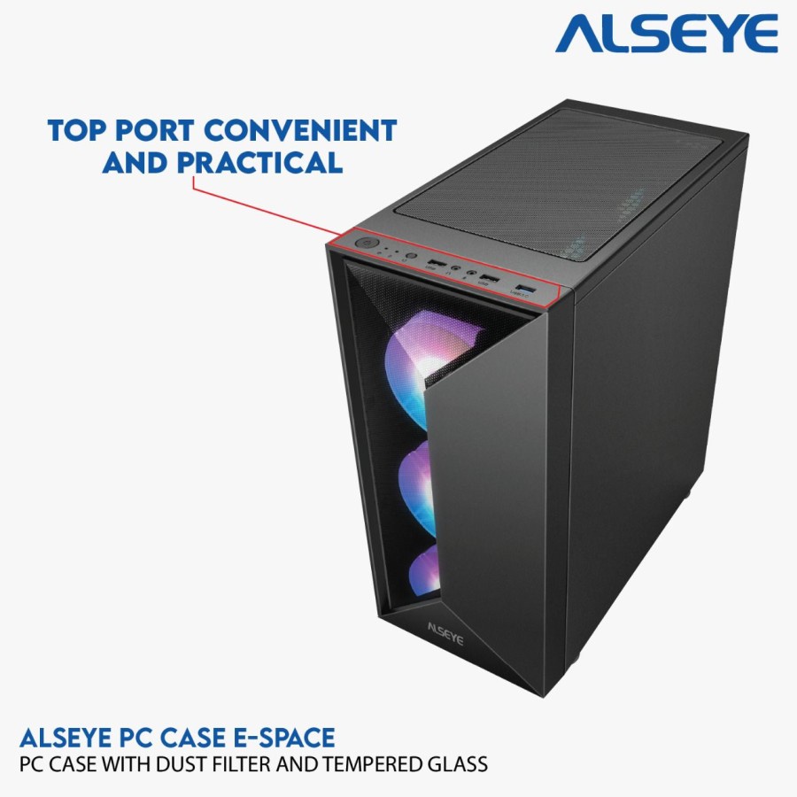 Alseye E-Space Casing Komputer / PC Case Gaming include 2 Fan RGB