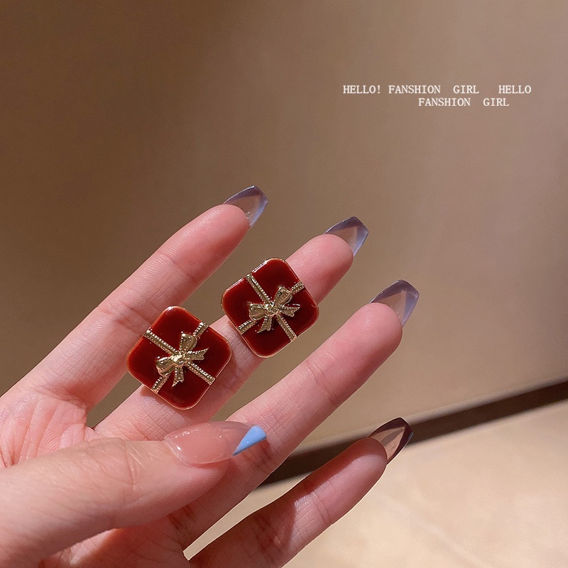 Anting Stud Jarum Perak 925 Bentuk Persegi Aksen Pita