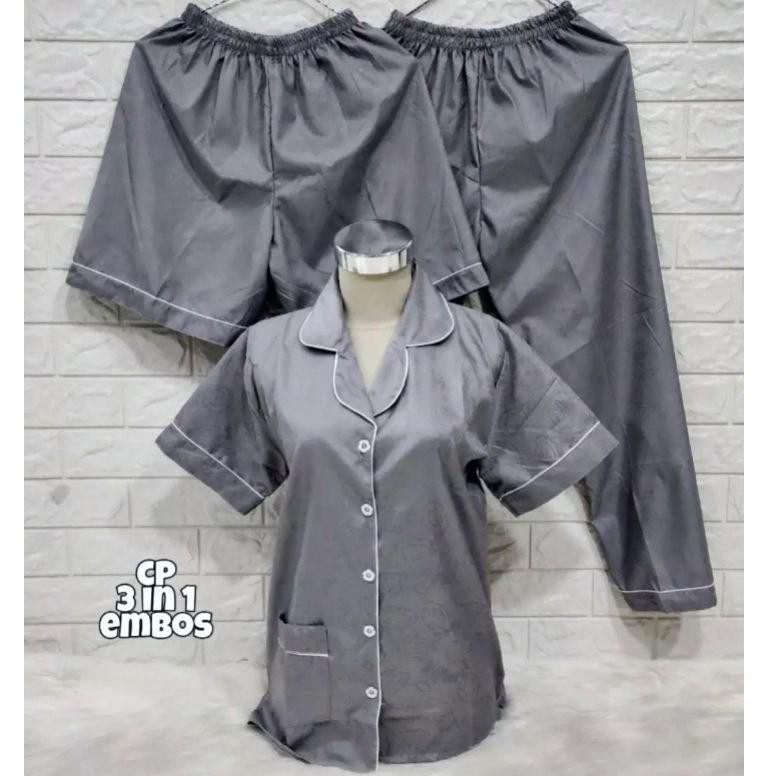 SEASOND IND Piyama/Baju Tidur 3in1 Wanita Dewasa Embos Warna/L Fit to XL ko-abu abu