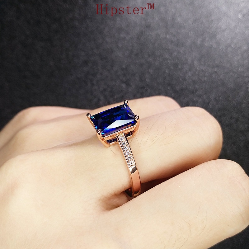 New Simple Fashion Luxury Domineering Inlaid Square Blue Crystal Ring