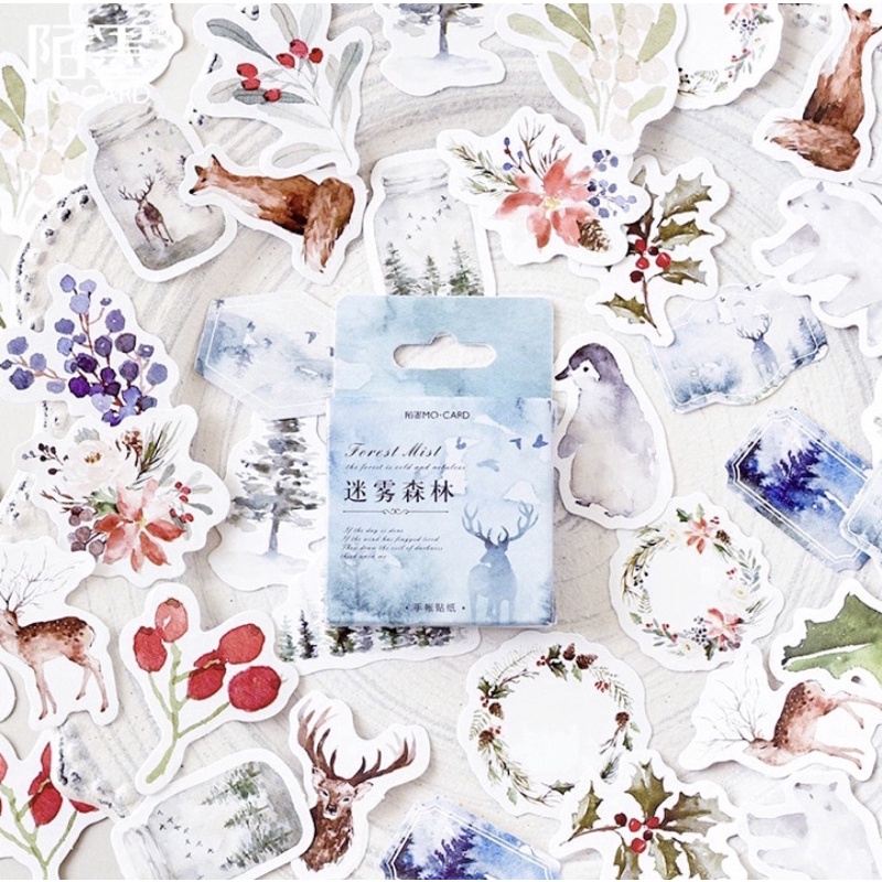 (45 PCS) STICKER AESTHETIC CUTE BOX STIKER LUCU MURAH BINATANG ORANG BUNGA SCRAPBOOK STIKER HP-Forest Blue