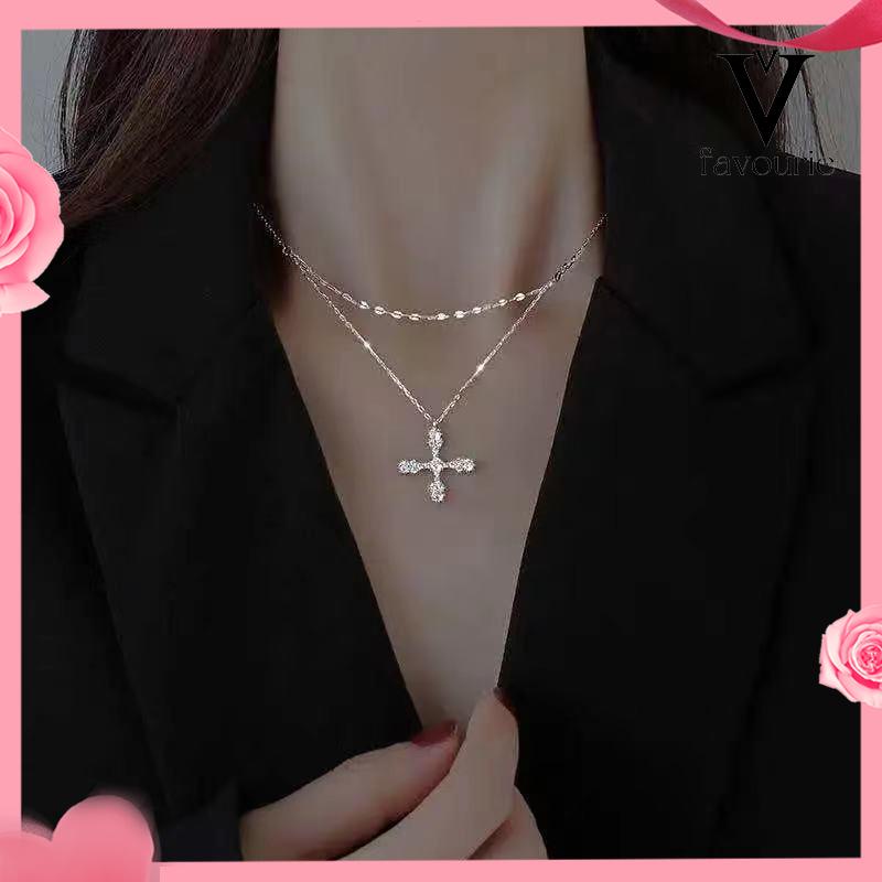 [COD]Hip Hop Cross Double Layer Necklace Feminin Fashion Micro Inlaid Zircon Pendant-FA