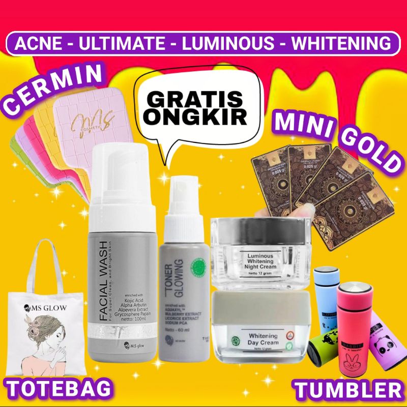 MS GLOW Paket Free Bonus Pouch/Dompet Kosmetik/Ecer Whitening Night Cream/Luminous/Malam Ultimate/Kr