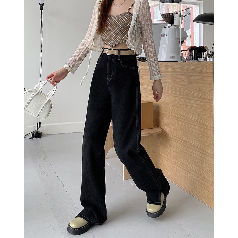 Celana Denim Wanita Loose Jeans High Waist Straight Pants Korea Style