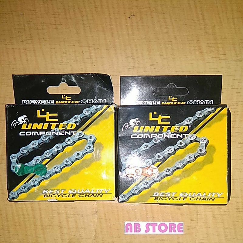 Rantai sepeda United warna oranye dan hijau  Fixie BMX. Rante sepeda warna bisa untuk internal gear