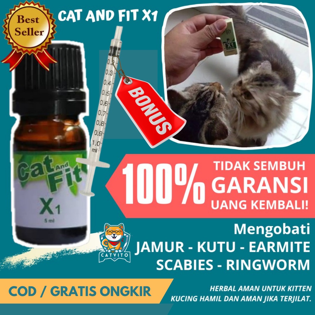PAKET Obat kucing anti jamur kutu scabies dan Obat Flu Pilek Diare Paket Cat and fit X1 Tetes dan M1 Kapsul