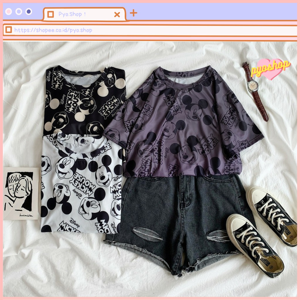 Oversize Tee Tshirt Kaos Import Longgar Model Besar Motif Mickey Mouse Fullprint untuk Wanita