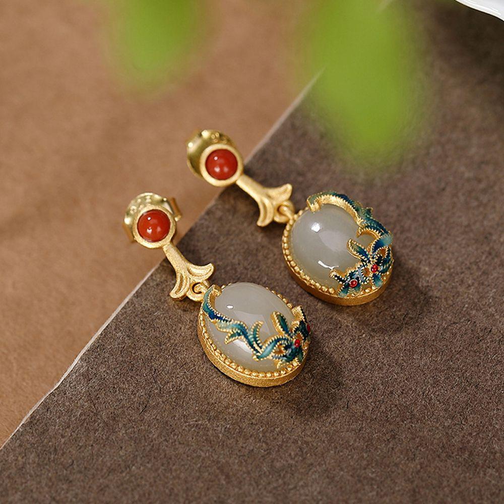 Agustinina Set Perhiasan Vintage Temperamen Elegan Anting Gelang Cincin Hetian Giok Gaya Cina Kalung