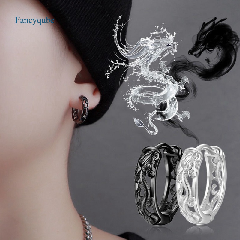 Fancyqube Anting Stud Desain Naga Bahan 925 Sterling Silver Gaya Retro Punk National Untuk Pria