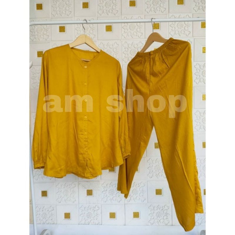 Pajamas Tangan Panjang / ONE SET PIYAMA OBLONG / SLEEPWEAR DAILY SET BEST SELLER RAYON POLOS PREMIUM-TPO KUNING MUSTARD