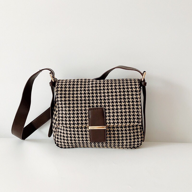 Tas Selempang Wanita Shena Motif Houndstooth korean Tweed Wool Slingbag Import Classic style korea