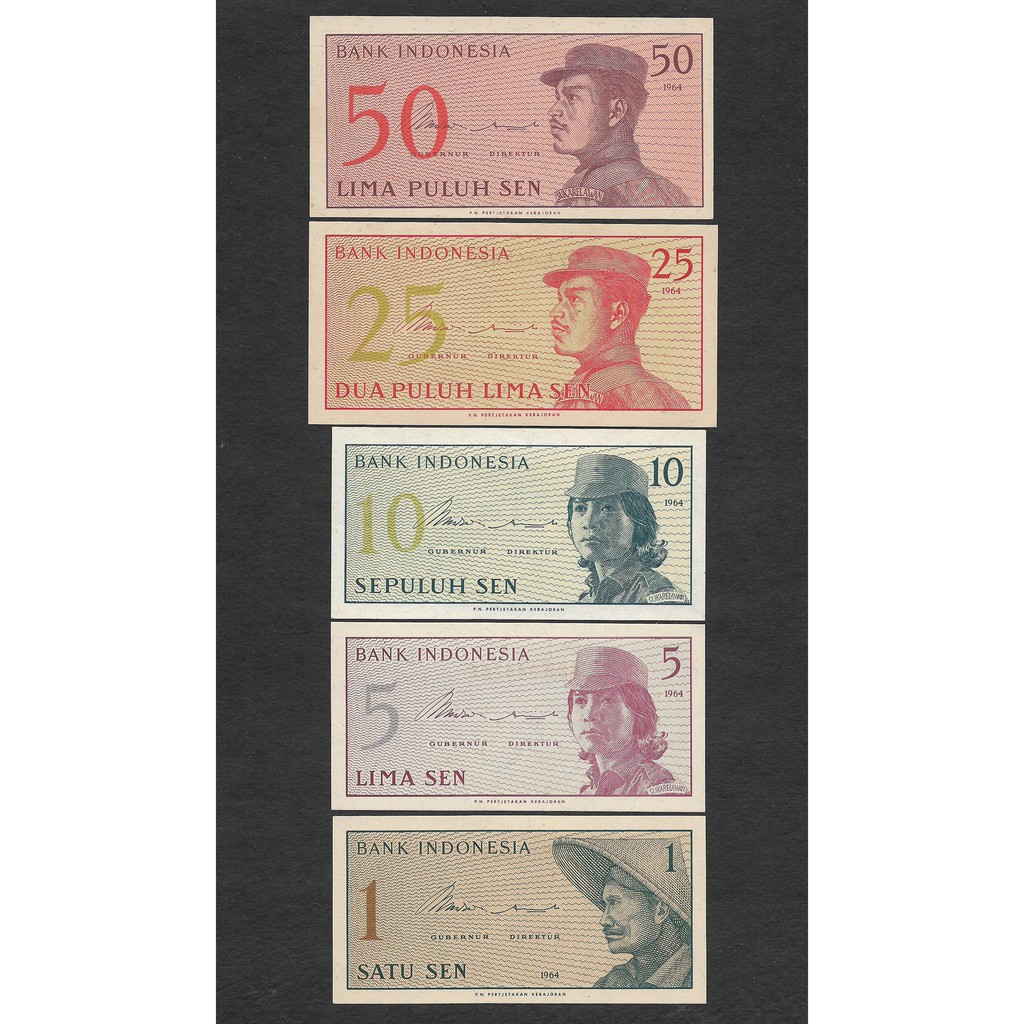 Full Set Lengkap Indonesia 1 5 10 25 50 Sen Dwikora Sukarelawan 1964 UNC Baru Gress