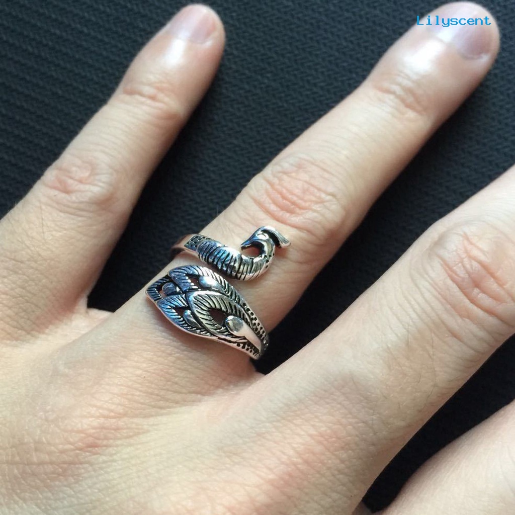 Ls Cincin Open Ring Adjustable Desain Burung Merak Warna Silver Gaya Retro