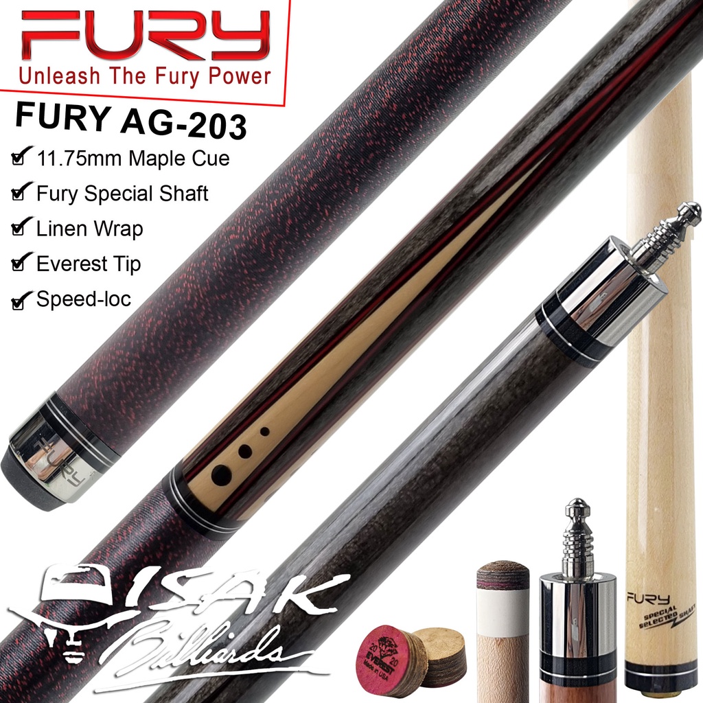 Fury AG-203 Cue 11.75 mm Maple Pool Billiard Stick Stik Biliar Everest Tip Linen Grip Asli