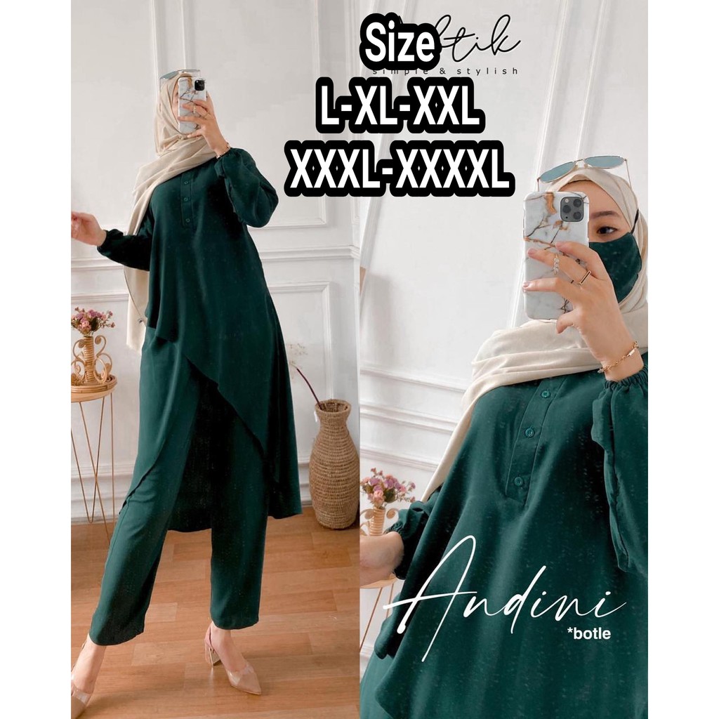 Gamis Terbaru 2023 Lebaran Wanita Andini Set 2 in 1 Longtunik Busui Friendly dan Wudhu Friendy + Celana  Bahan Ity Crepe IMPORT