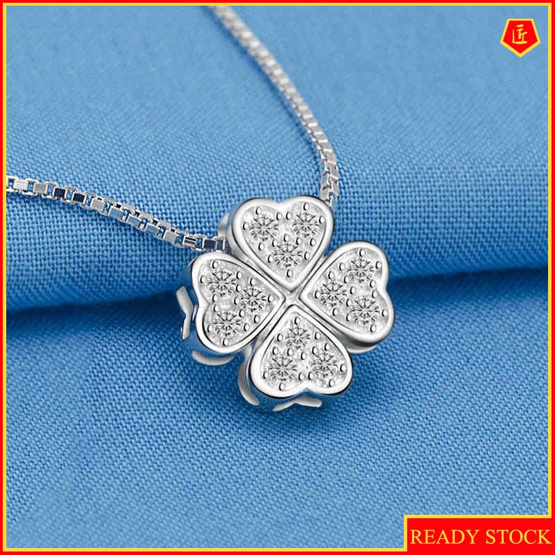 [Ready Stock]Fashion Simple Silver-Plated Necklace Four-Leaf Clover Jeweled Pendant