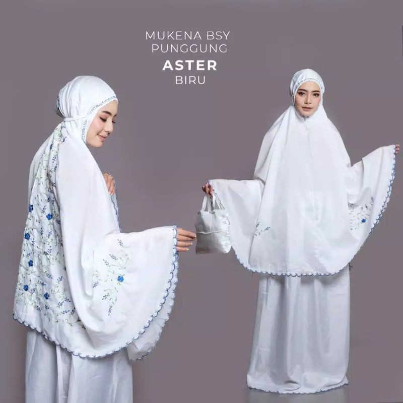 Nanoystore Official - Mukena Dewasa Warna Putih Motif Bordir Punggung BSY Bunga Aster Biru
