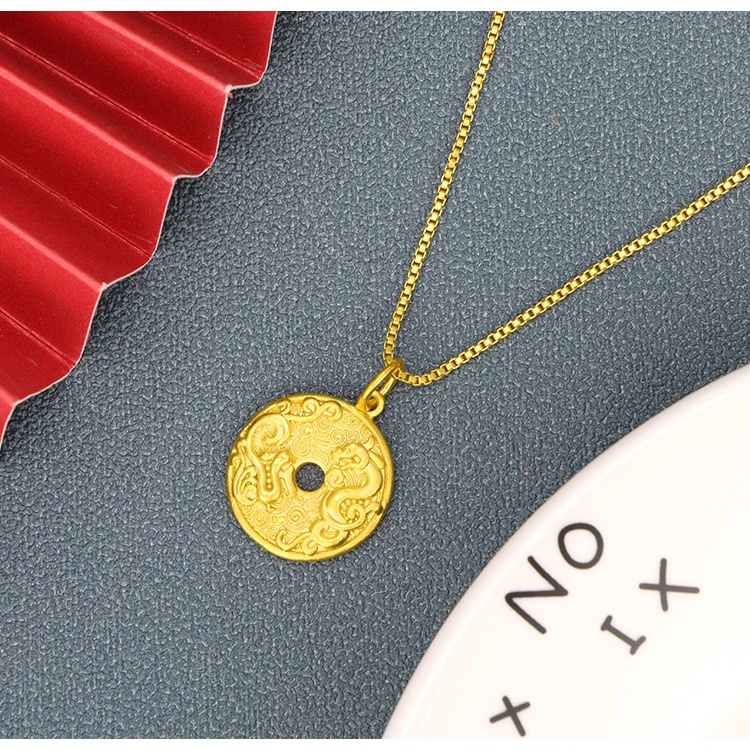 Kalung Liontin 3D Gold plated Emas Asli Kadar 375 Desain Naga Phoenix Chengxiang Untuk Pria Dan Wanita