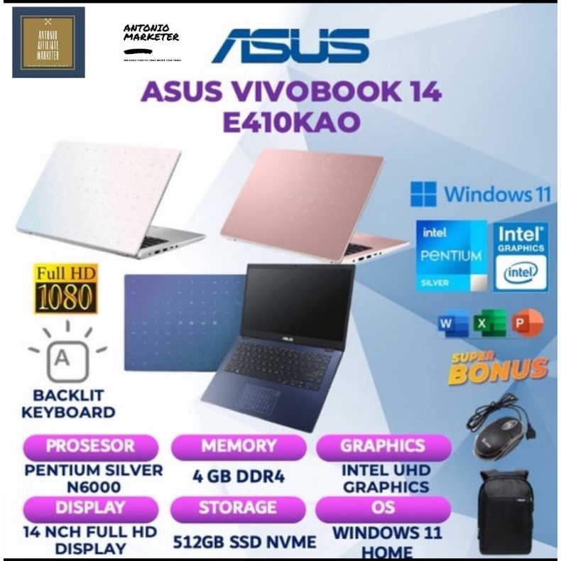 ASUS VIVOBOOK ULTRA E410 KAO INTEL PENTIUM SILVER N6000 4GB RAM 256GB SSD FHD IPS