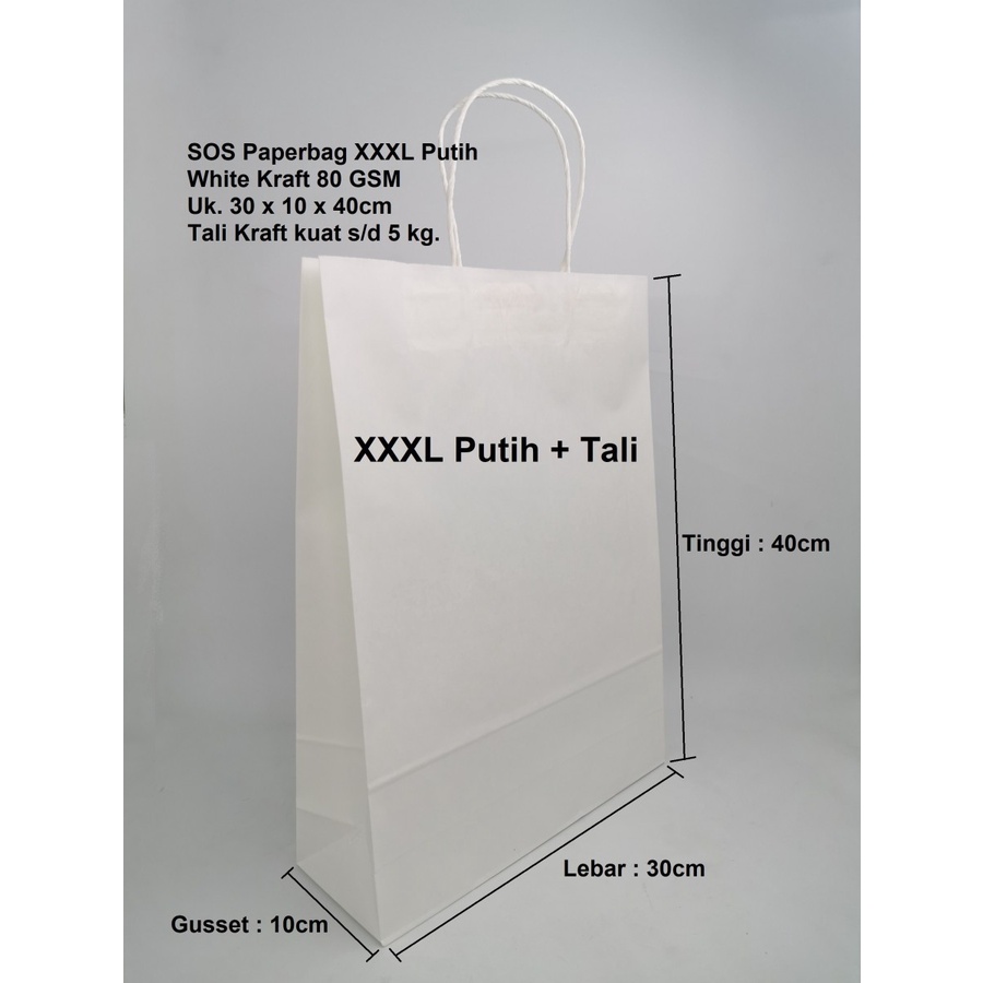 

PB 10pcs Paperbag White SOS XXXL 30x12x40cm + Tali