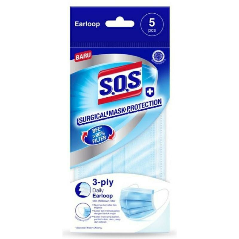 Masker Medis SOS Surgical Mask Protection 3 ply Earloop isi 5 pcs