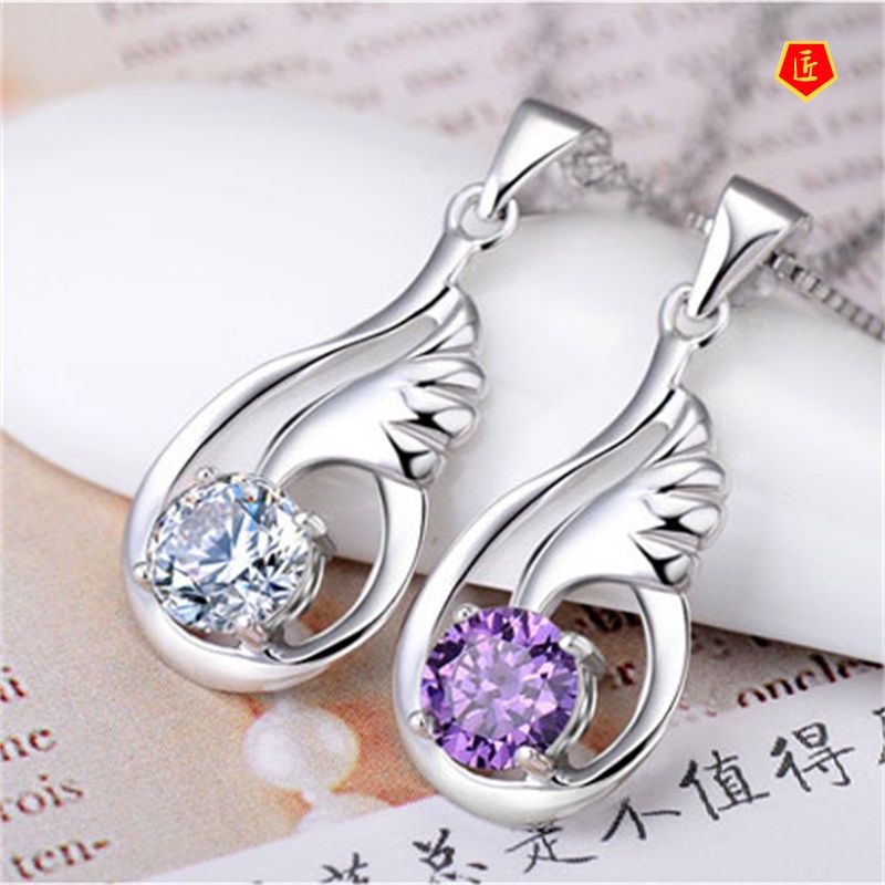 [Ready Stock]Sweet Temperament Korean Style Angel Wings Silver Necklace Female Purple Crystal Pendant