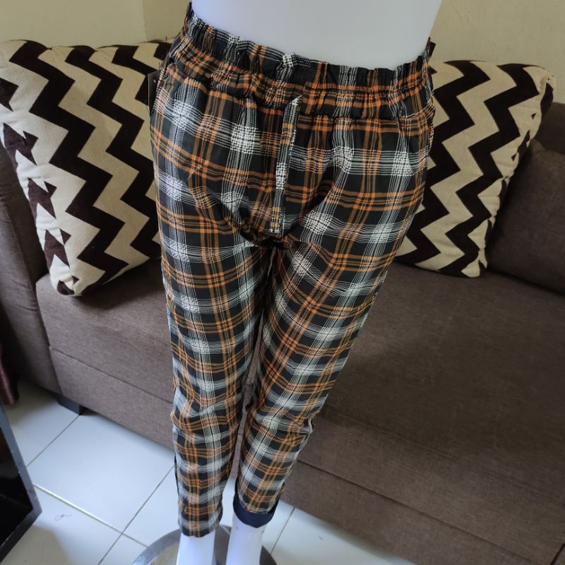 Celana motif kotak-kotak , Celana tartan katun , celana panjang wanita