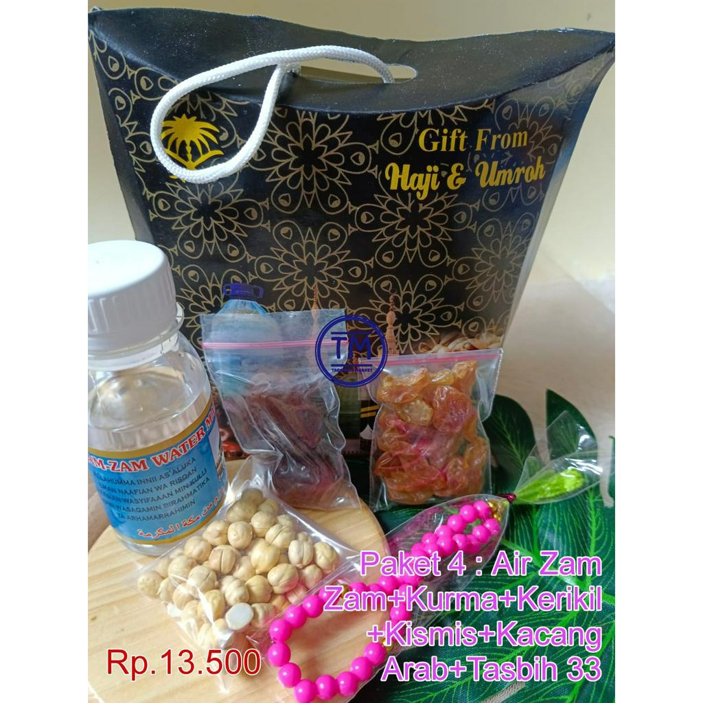 NEW PAKET SOUVENIR OLEH-OLEH HAJI &amp; UMROH Kemasan Kardus Isi Air Zam-zam 80 ml Kurma Kacang Arab Kismis Cokelat Kerikil Tasbih 33