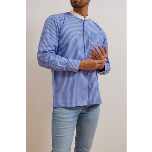 Kemeja Strip Pria Biru Muda