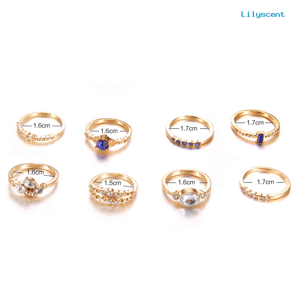 8pcs / Set Cincin Knuckle Midi Slim Stacking Aksen Berlian Imitasi Untuk Wanita