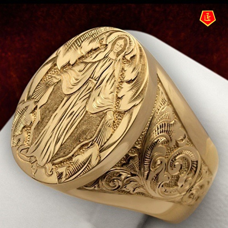 [Ready Stock]Elegant Neutral 18K Gold Virgin Mary Badge Ring