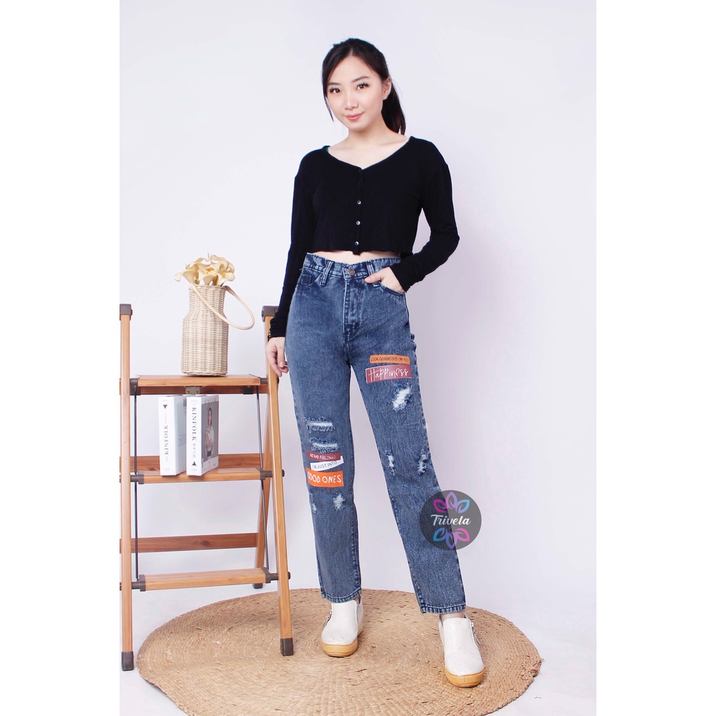 TRIVELA - Boyfriend Jeans Sablon Sobek / Boyfriend Happiness