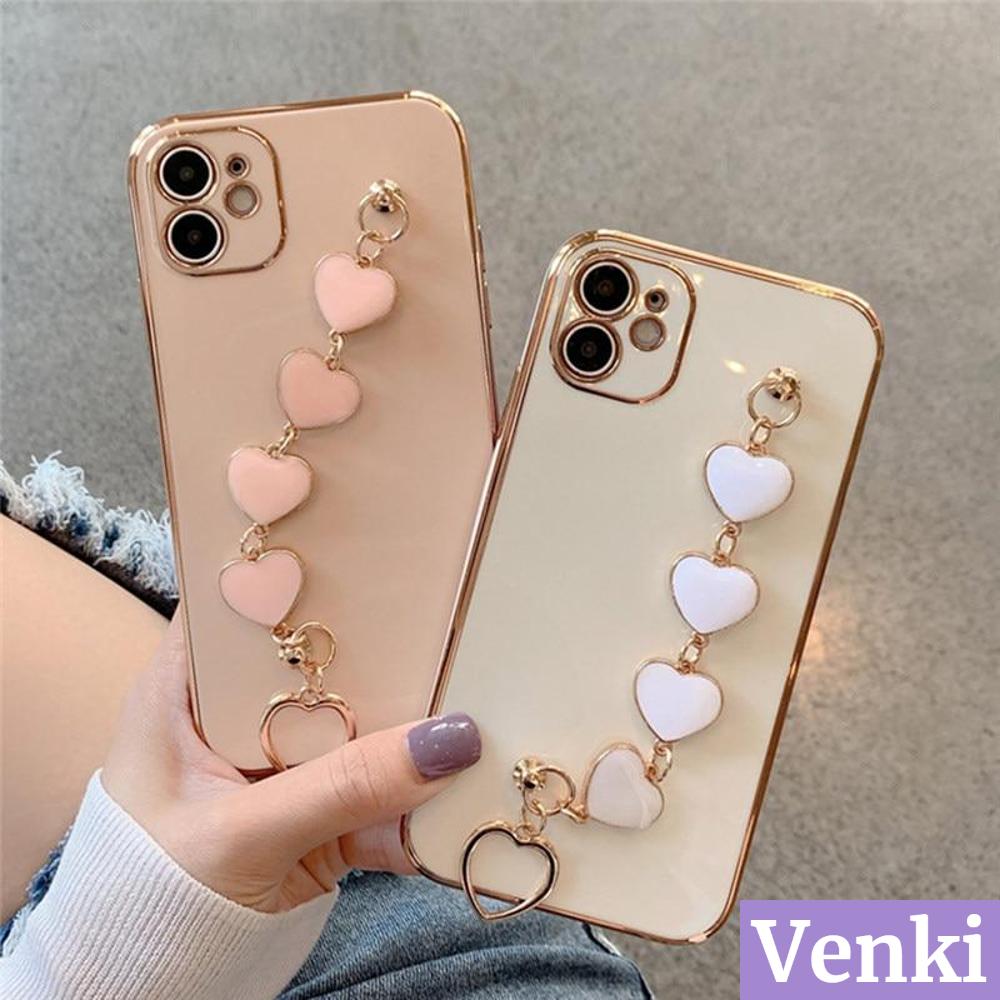 Soft Case Bahan Silikon Tpu Bentuk Hati Dengan Rantai Emas Untuk Iphone 12 Pro Max 7 Plus 11 8 Max 12 Se 2020 Pro Xs Xr 8 Plus