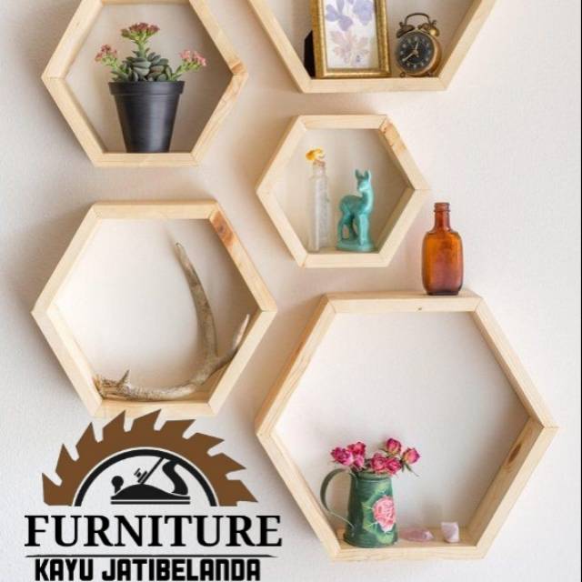  Rak  dinding  hexagonal  kayu  3pcs lebar kedalaman 9cm 