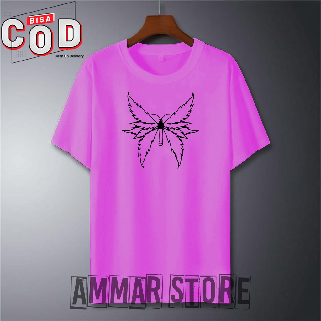 AMMAR STORE Kaos Distro Pria Wanita / Cowok Cewek Kaos Bergambar BUTTERFLY GANJA KUPU KUPU