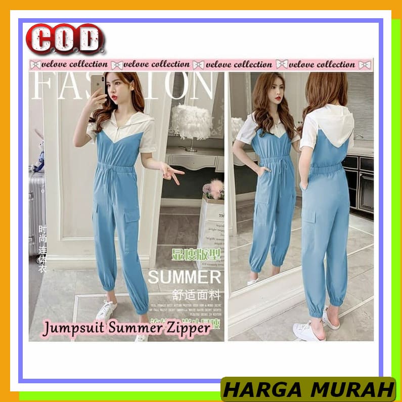 Baju Jumpsuit Wanita Cewek Cewe Perempuan Dewasa Remaja Muslim Te NL441 Jumpsuit Summer Zipper Biru