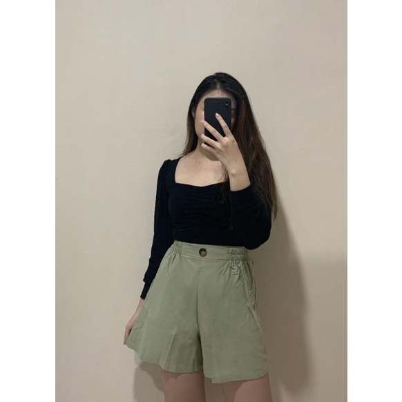 Highwaist button pant wanita celana pendek santai linen