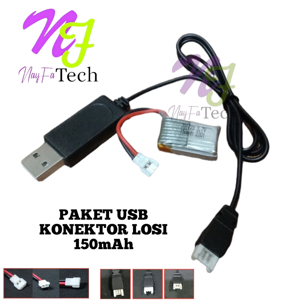 Paket Kabel Charger USB + Baterai Drone / Pesawat Remot Control LIPO 150mAh 3.7V Konektor JST LOSI