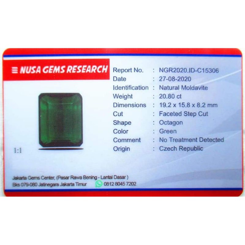 NATURAL BATU PERMATA GREEN MOLDAVITE / METEOR REP CZECH OCTAGON MEMO NGR GEMS LAB