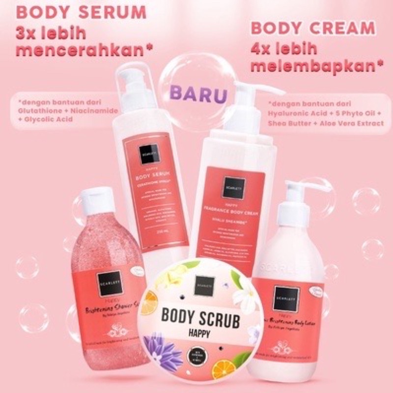 happy series | scarlett whitening happy series | lotion scarlett happy | scatlett body cream | scarlett body serum | scarlett body scrub happy