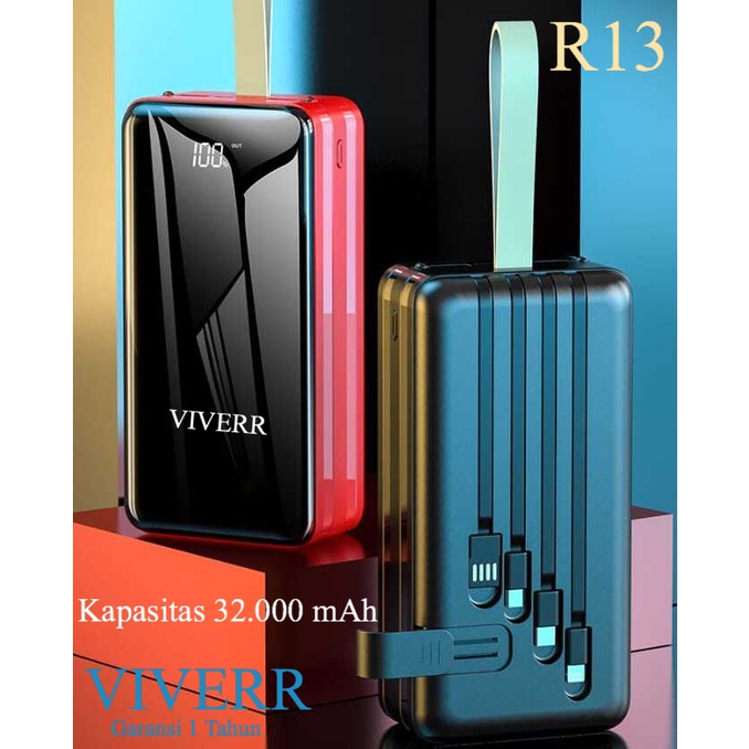 Powerbank VIVERR R13 kapasitas 32.000 mAh With 4 Kabel charging Garansi 1 Tahun.