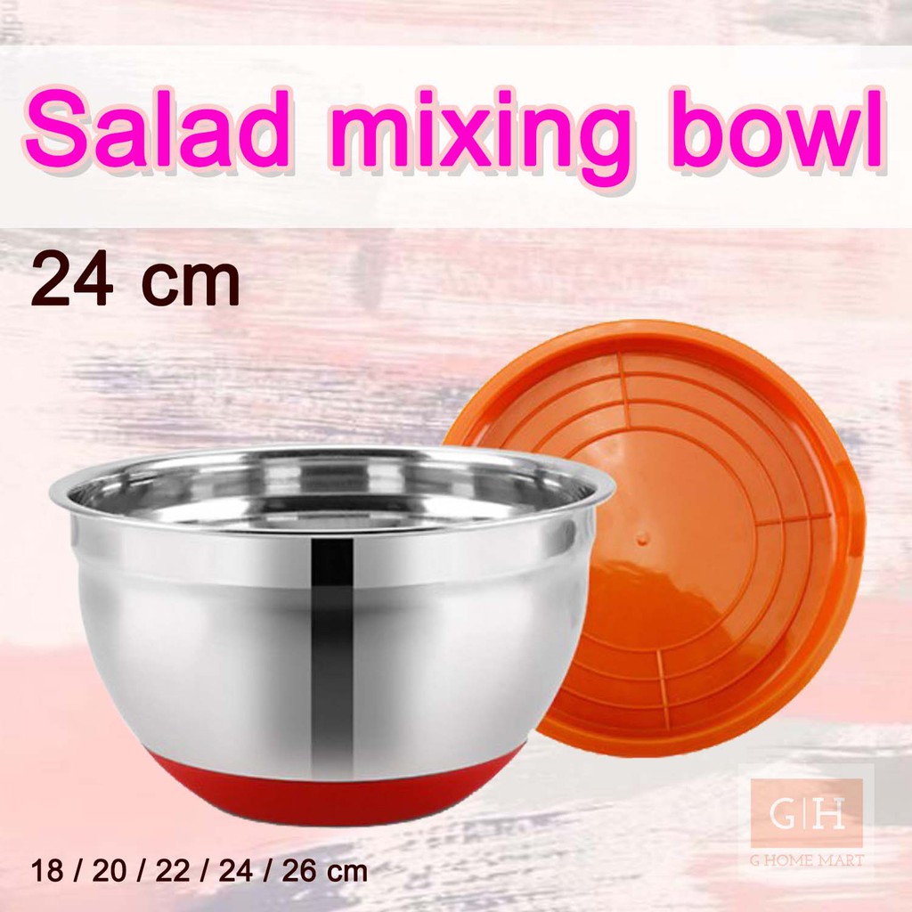 Mixing Bowl 24 cm Warna Orange Anti Slip/ Mangkok Baskom Adonan Stainless