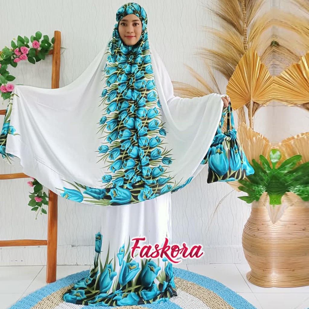 Mukena Rayon Jumbo Motif Bunga Tulip / Mukenah Bali Putih Motif Bunga / Mukenah Rayon Jumbo Putih