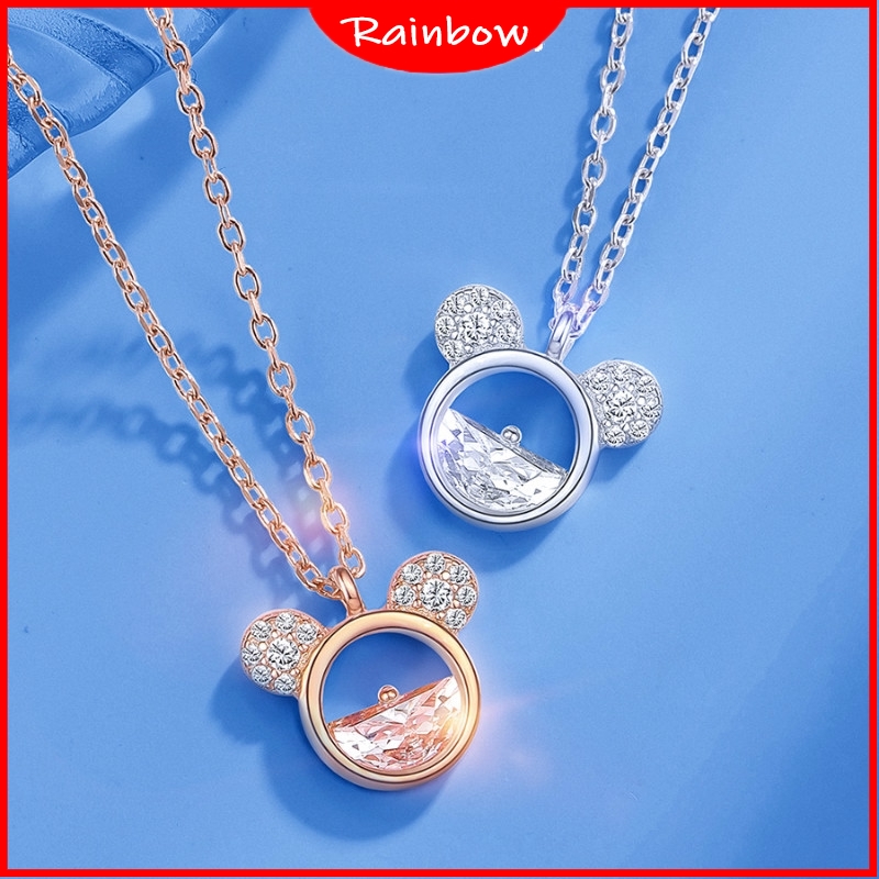 Kalung Rantai Desain Mickey Mouse Aksen Kristal Bahan S925 Silver Gaya Korea Untuk Wanita