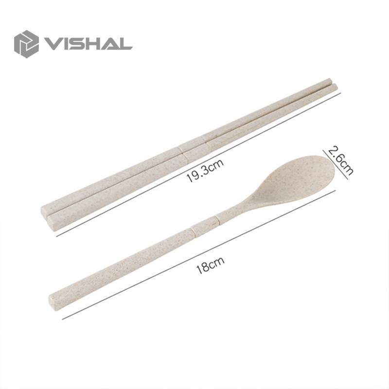 VISHAL 4 pcs Wheat straw Travel Cutlery Set Portabel Alat Makan Sendok Garpu Sumpit Chopsticks VS-23