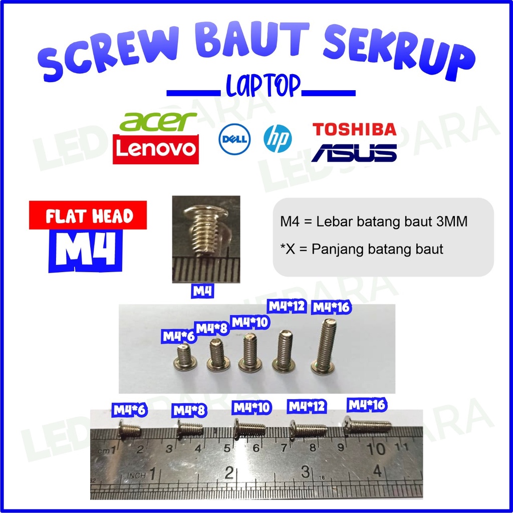 Baut Flat Laptop warna silver warna hitam HP Screw cocok untuk semua Laptop Asus Sekrup Laptop Lenovo Skrup  Notebook Flat Head Baut Kepala Datar Warna HItam Chrome